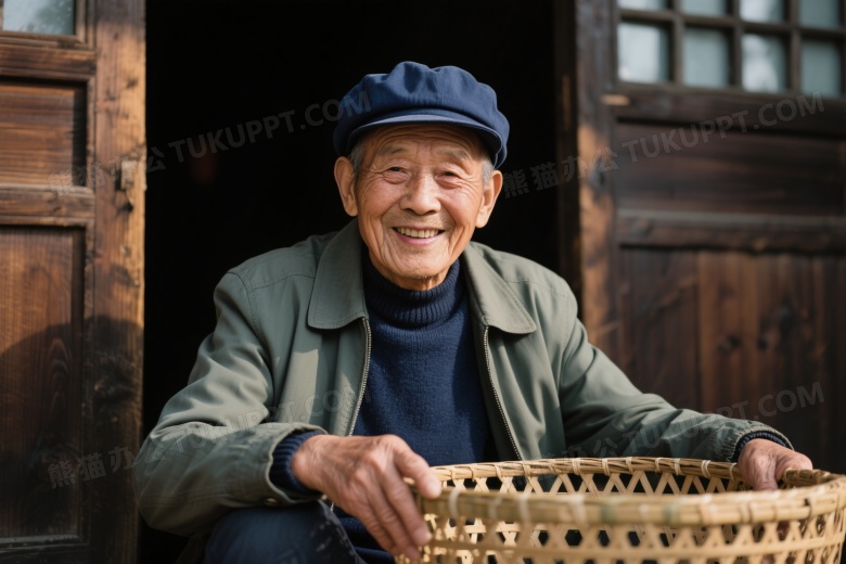 老年男性坐木门前微笑图片