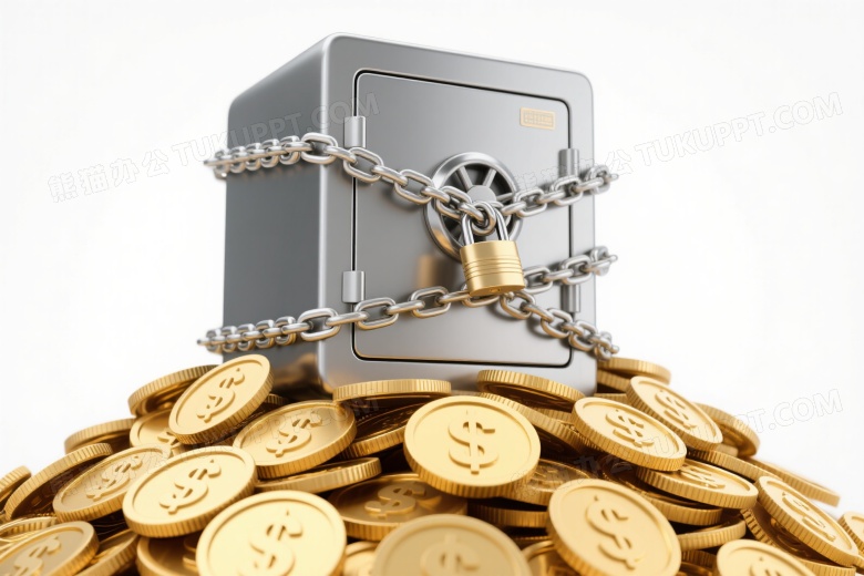 金属保险箱锁链缠绕金币堆图片
