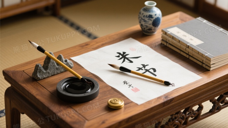 日式书桌文房四宝俯拍图片