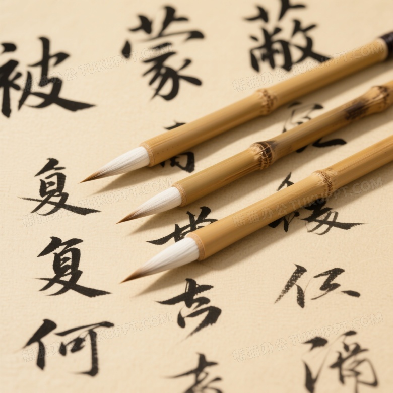 四支毛笔斜置宣纸书法背景图片