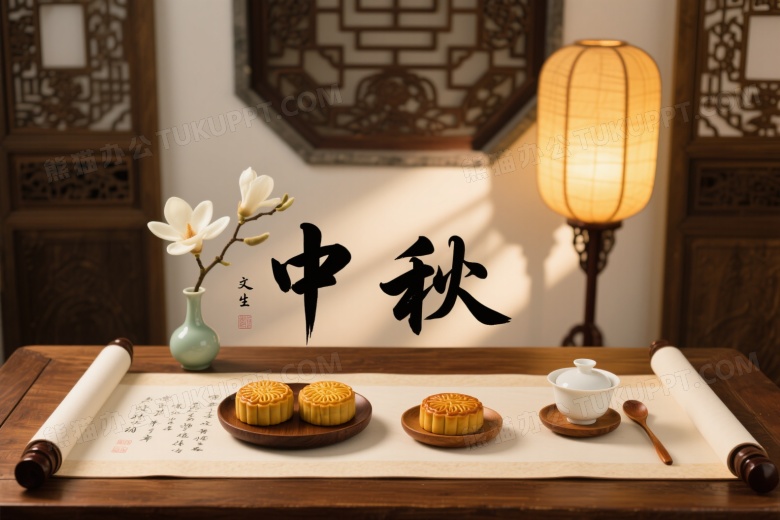 中秋书法卷轴与月饼茶具静物图片