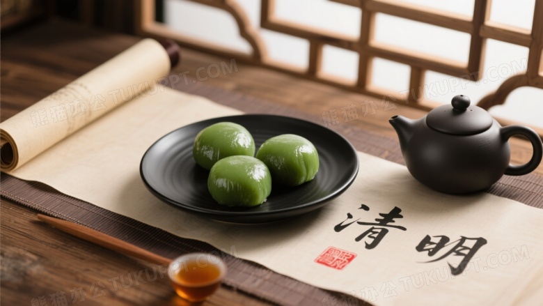 清明团子茶席俯拍图片