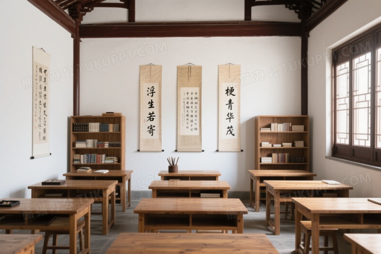 中式学堂课桌书架书法卷轴图片