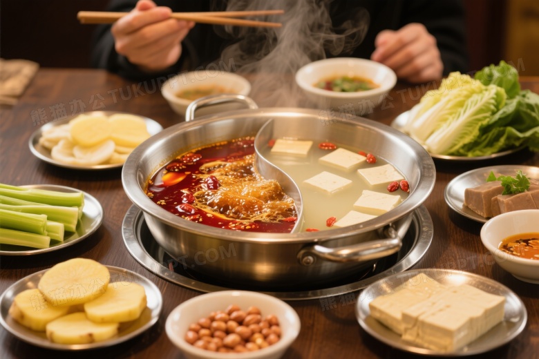 鸳鸯火锅与配菜特写图片