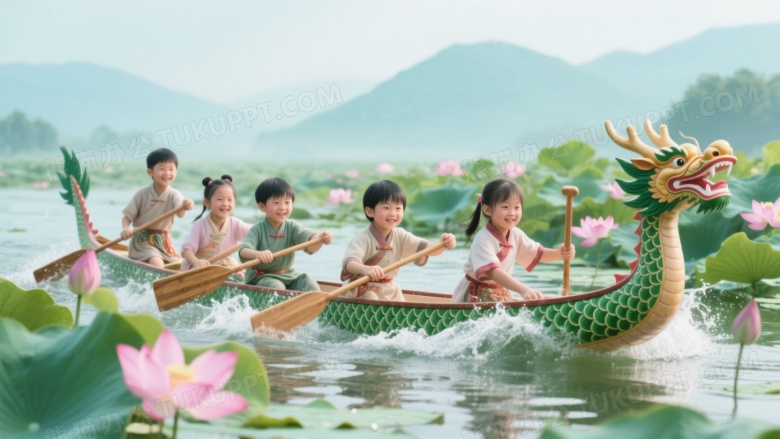 亚洲儿童荷塘划龙舟高清图片