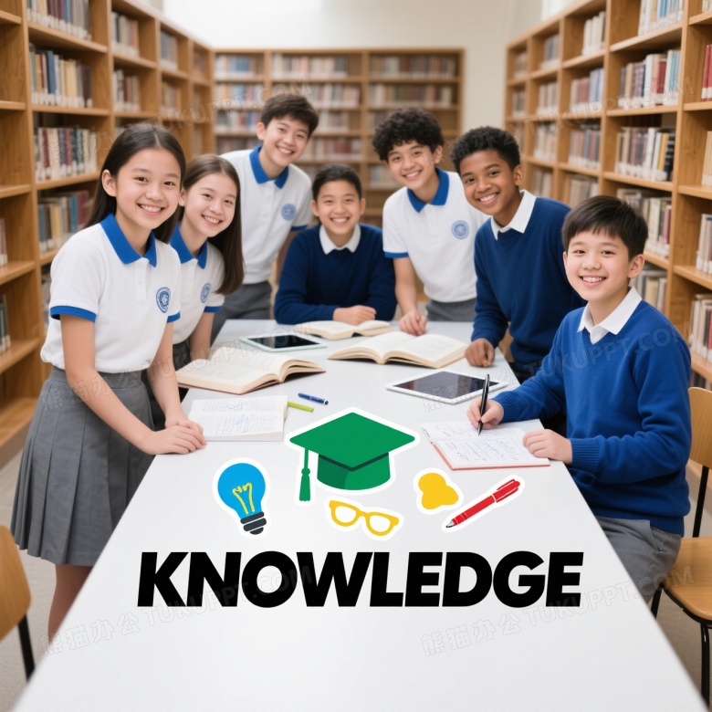 多元青少年围桌合影知识主题图片