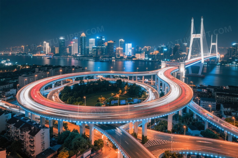俯拍城市立交桥夜景图片