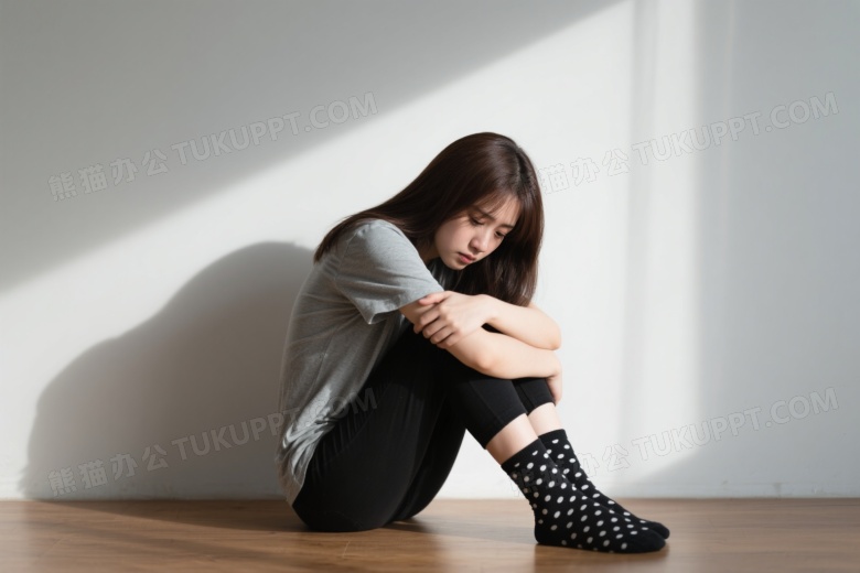 低落女性坐地侧逆光图片