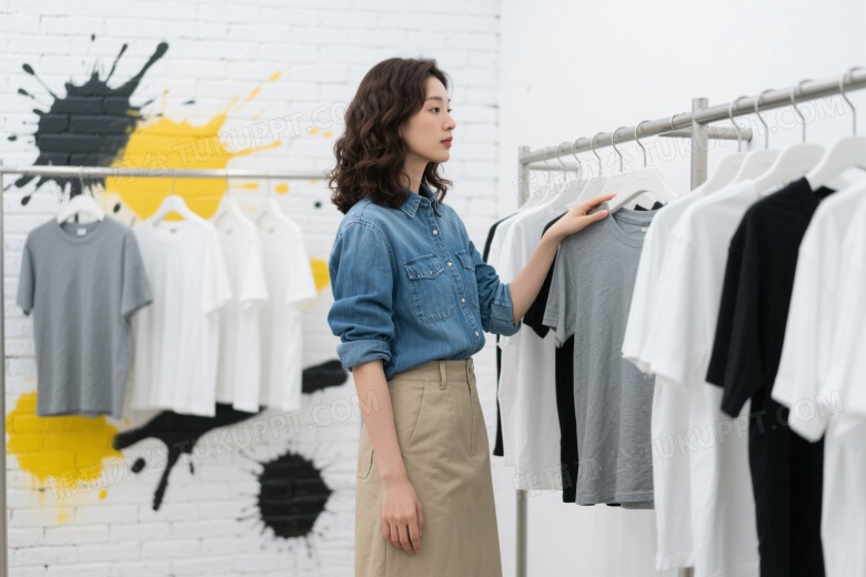 亚洲女性服装店选衣中景图片