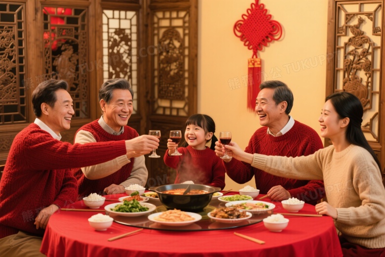 亚洲家庭围坐红桌举杯欢庆图片