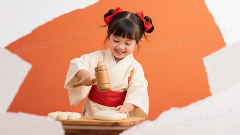 小女孩敲打年糕节日场景图片