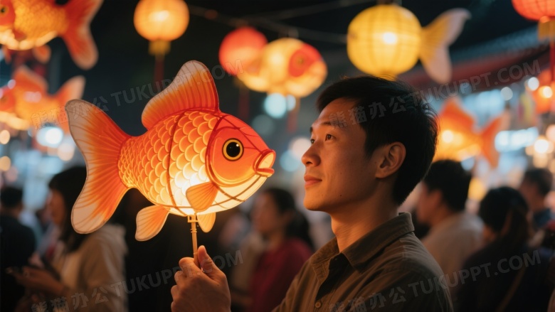 手持金鱼灯笼人群夜市图片