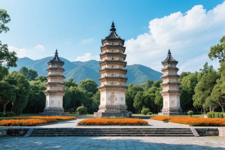 三座古塔绿树丛中对称构图图片