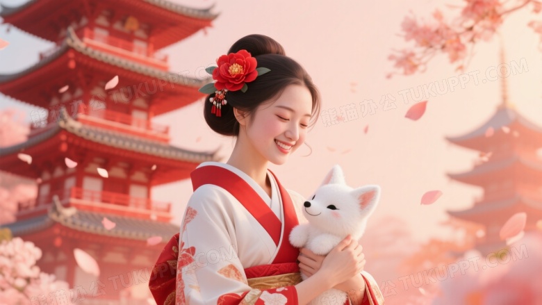 和服女子抱狐玩偶古塔背景图片