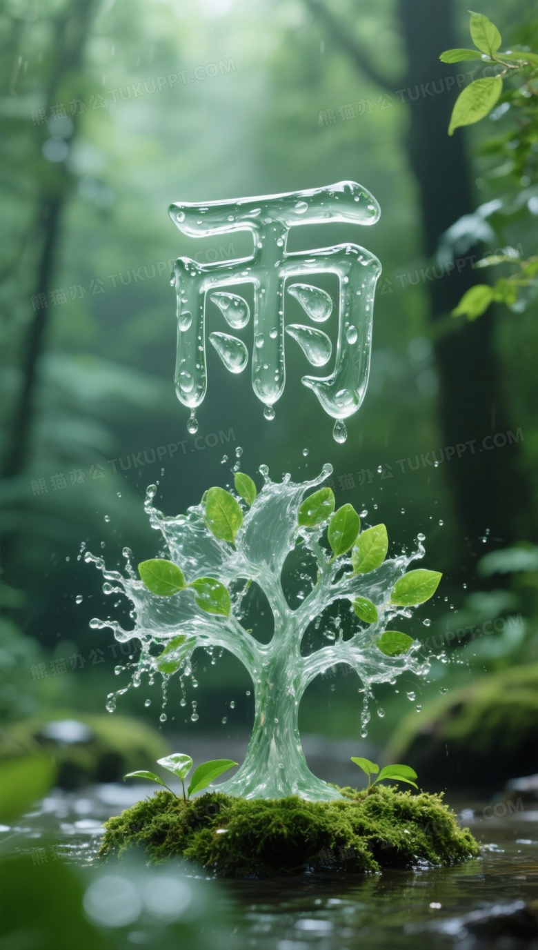 水滴凝成雨字悬浮绿林图片