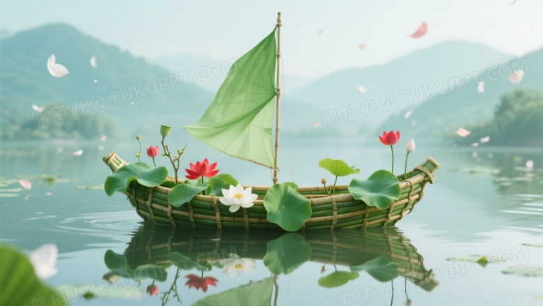 荷叶竹编小船水面漂浮图片
