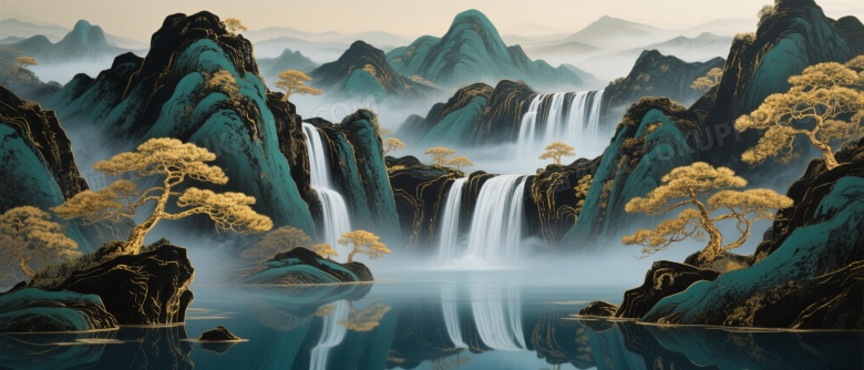 青绿山水层叠瀑布雾气倒影图片