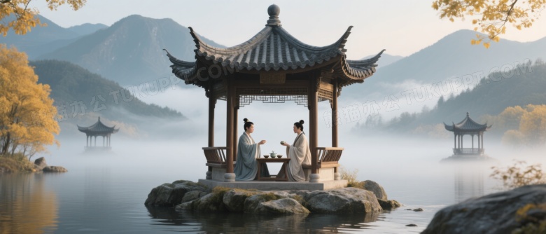 汉服人物亭中品茶山水背景图片