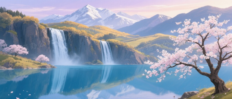 山水瀑布樱花湖景高清图片
