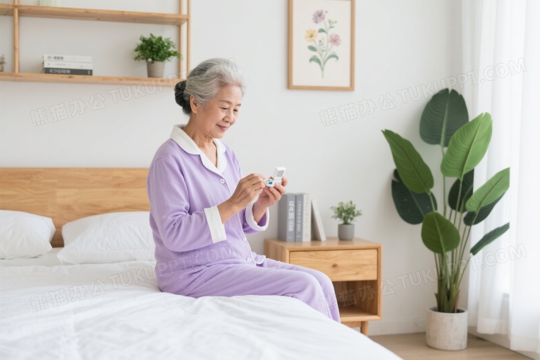 老年女性查看药盒特写图片