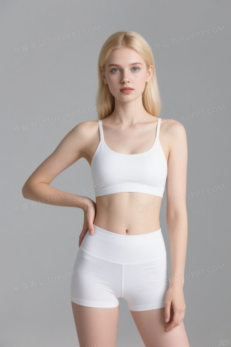 金发女性运动装站立柔光图片