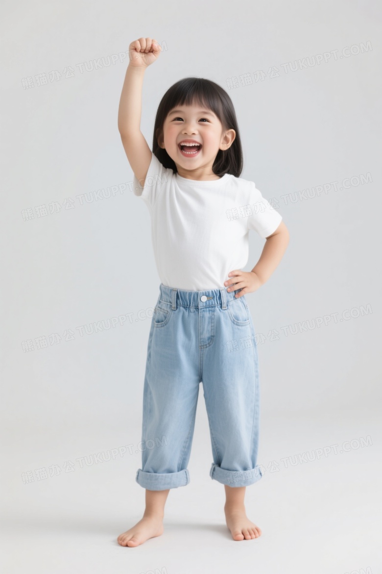 亚洲小女孩举拳大笑白背景图片