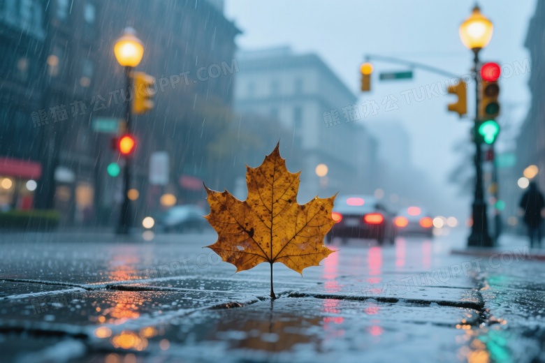 雨中石板街枯叶低角度仰视图片