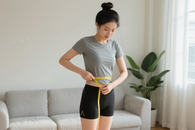 亚洲女性客厅测腰围特写图片