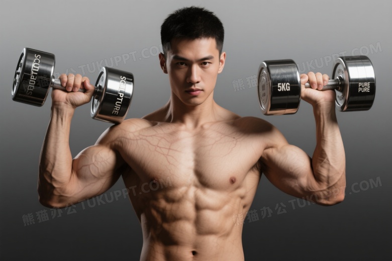 健硕男性持哑铃弯举特写图片