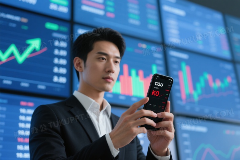 亚洲男性查看金融K线图手机屏幕图片