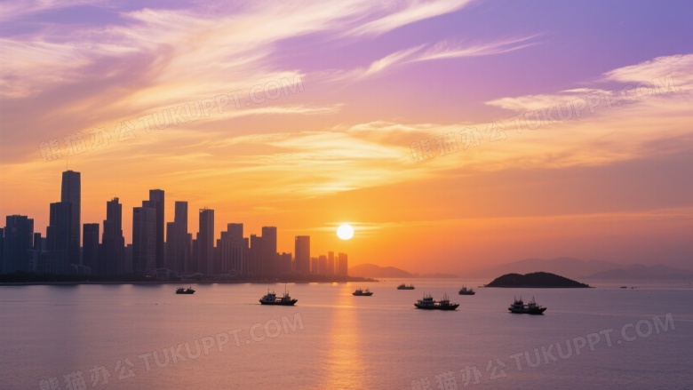 城市天际线海面日落逆光图片