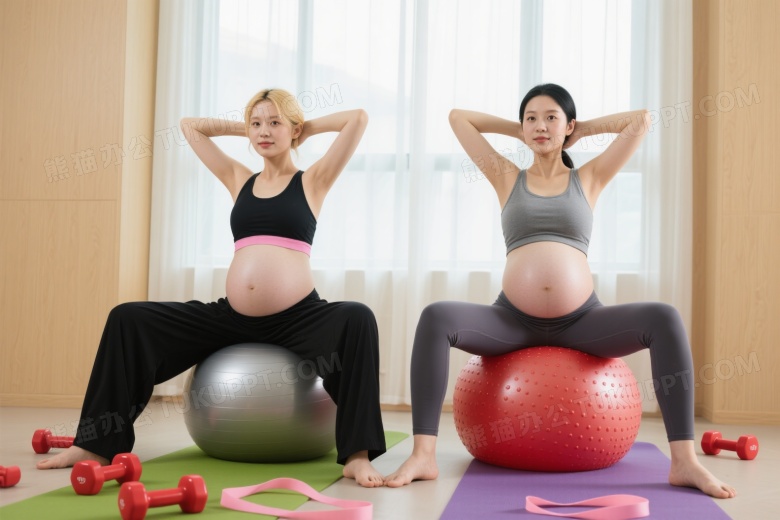两位孕妇健身球卷腹准备动作图片