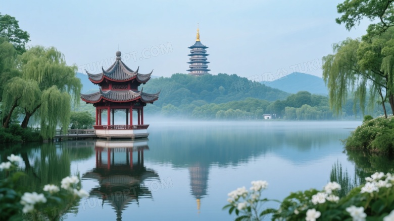 湖畔中式六角亭与古塔倒影图片
