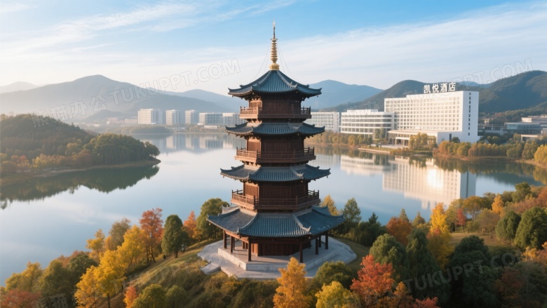 中式古塔湖畔俯拍晨曦图片