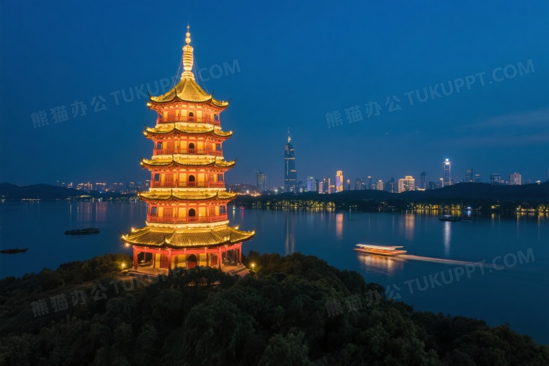 湖畔中式古塔夜景灯光图片