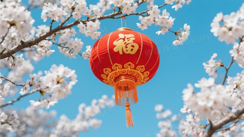 红灯笼悬于花枝间仰拍图片