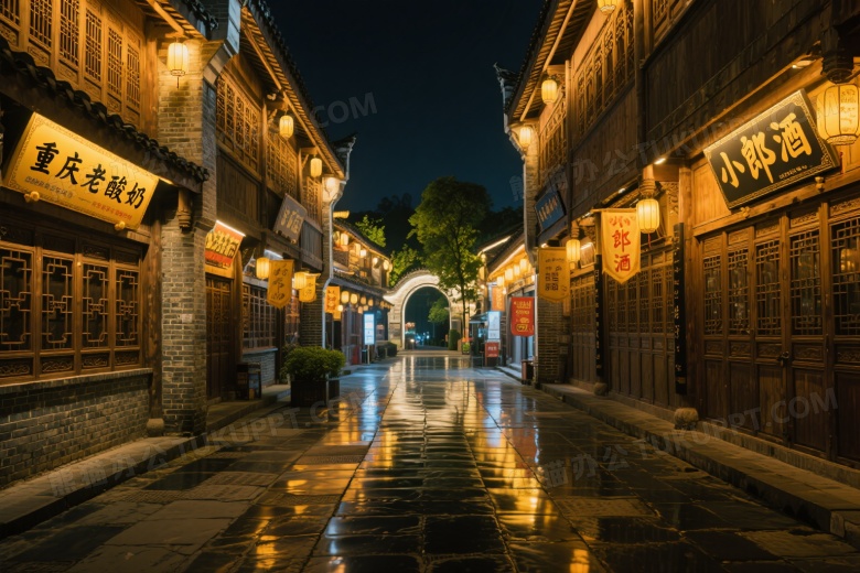 夜景中式古街对称构图图片