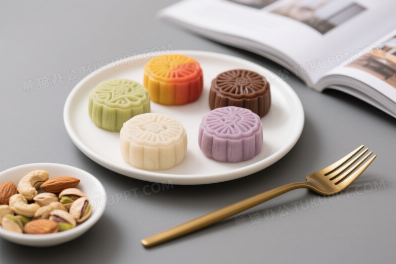 彩色冰皮月饼俯拍静物图片