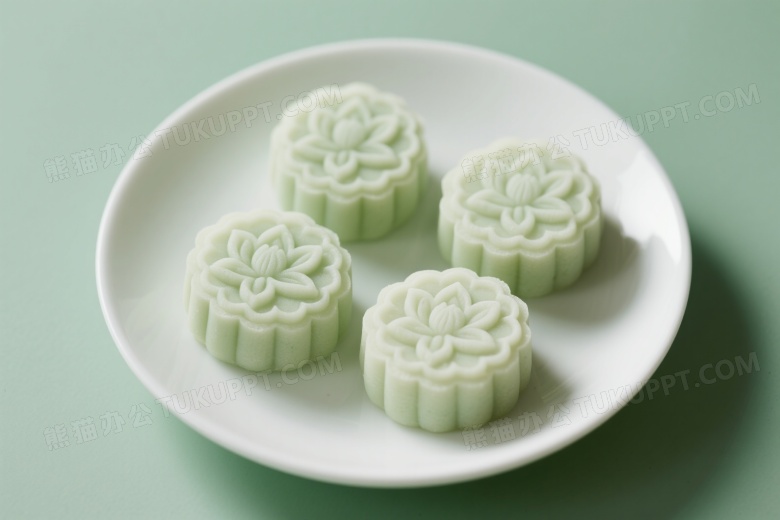 浅绿冰皮月饼俯拍特写图片