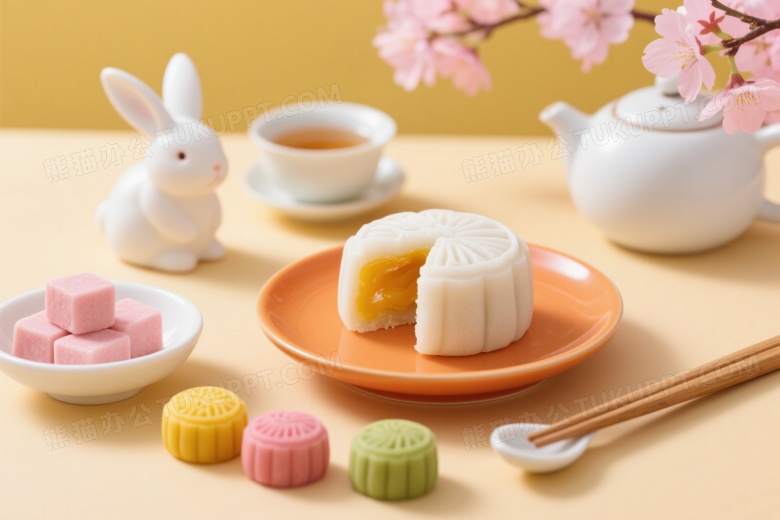 流心冰皮月饼静物特写图片