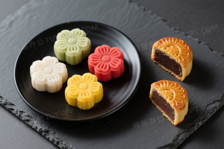 四枚花形冰皮月饼俯拍图片