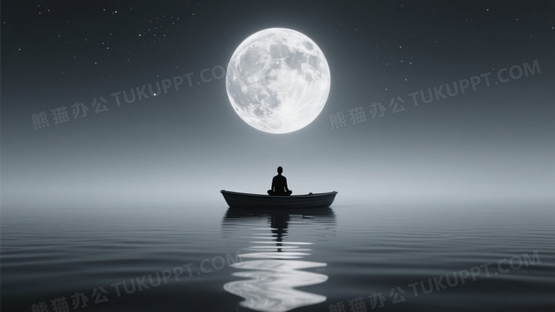 剪影人坐小船满月倒影图片