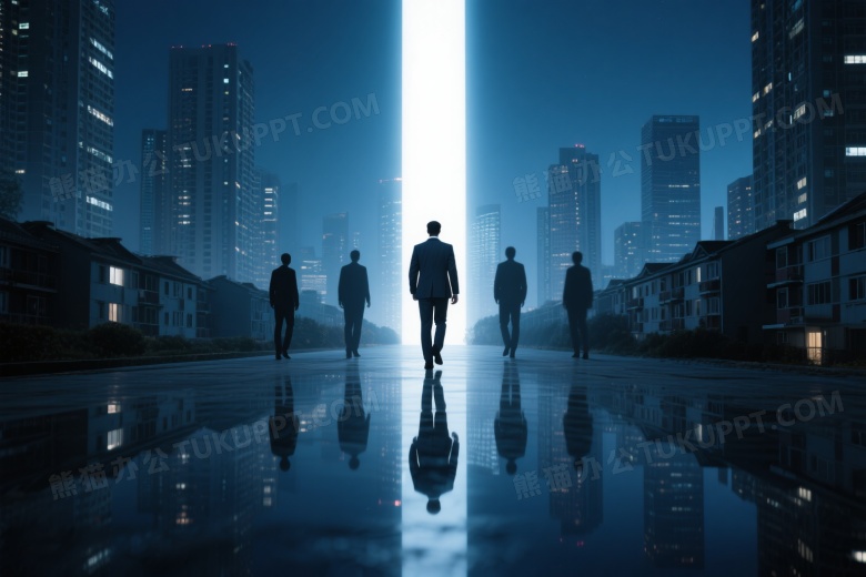 西装男子走向强光通道夜景图片