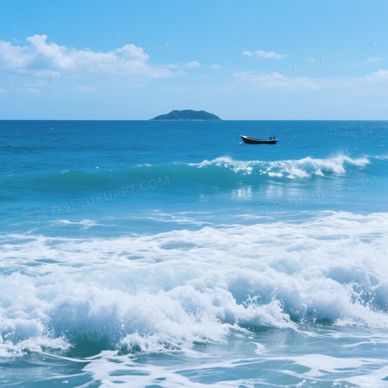海浪泡沫与远岛小船水平构图图片