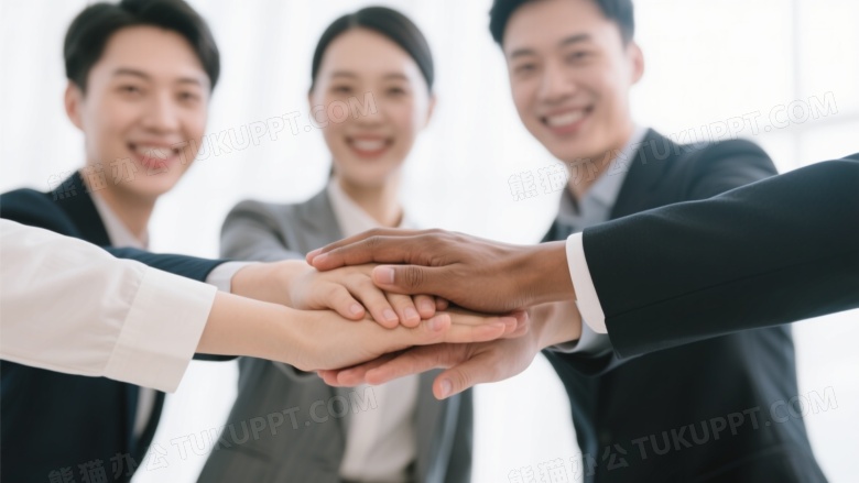 四只不同肤色手叠放中央图片