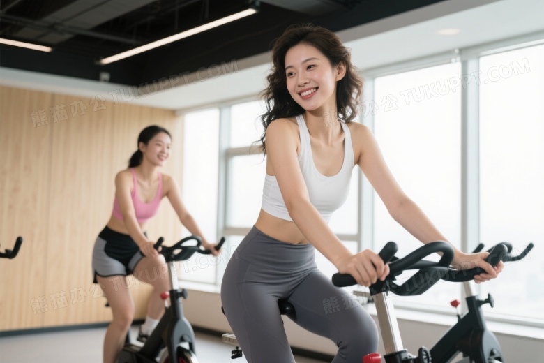 两位女性健身房骑动感单车图片