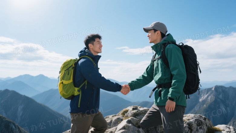 两位登山者山巅握手侧逆光图片