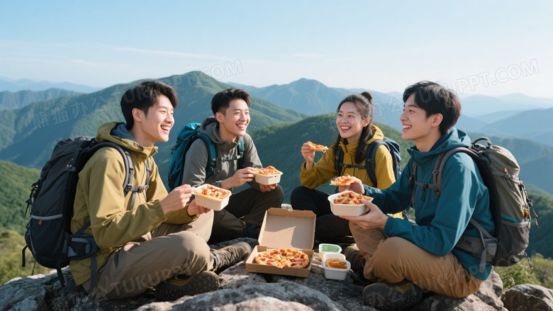 四位青年山巅野餐笑容图片