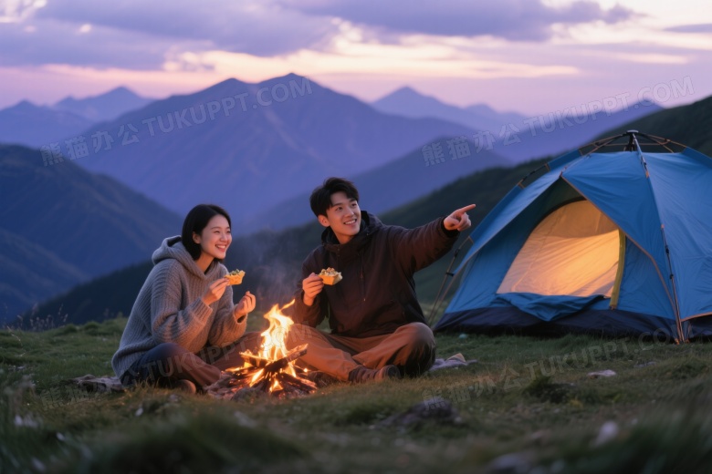 情侣高山草甸篝火野营图片
