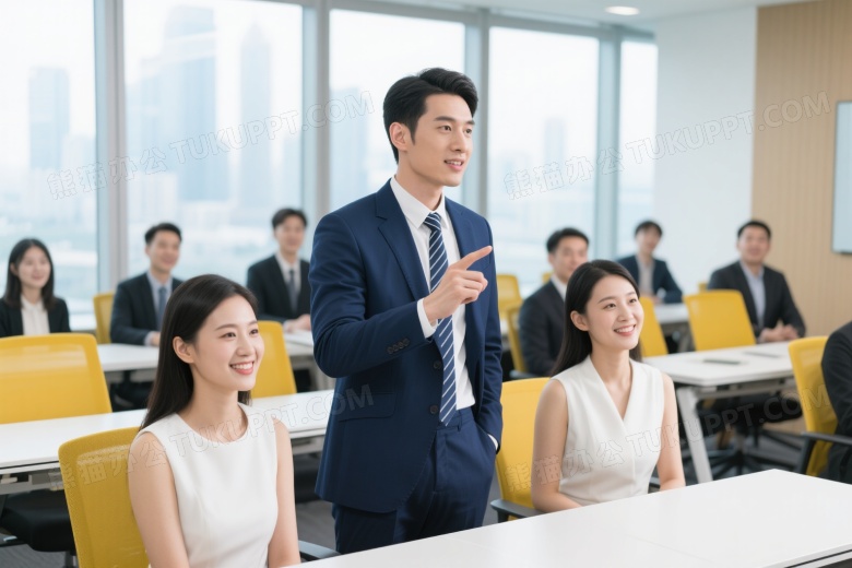 亚洲男士会议提问场景图片